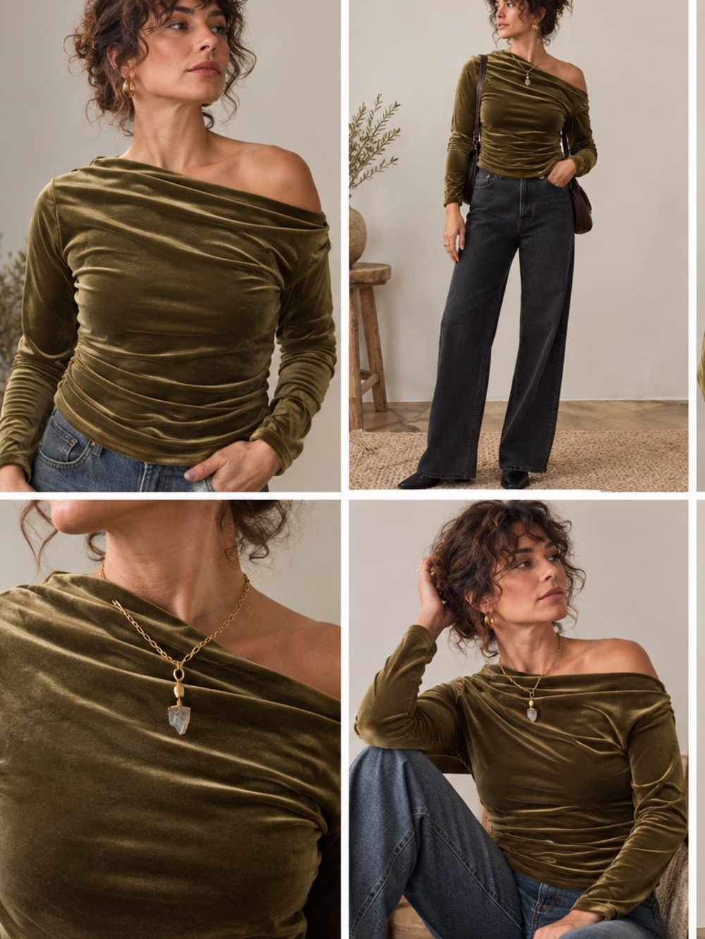 Abercrombie & Fitch Olive Green Off-Shoulder Velvet Top